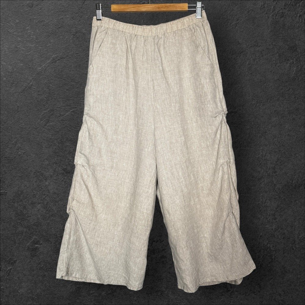 Match Point Linen Pants Women Small Khaki Tan Wide Linen Lagenlook Made USA Crop